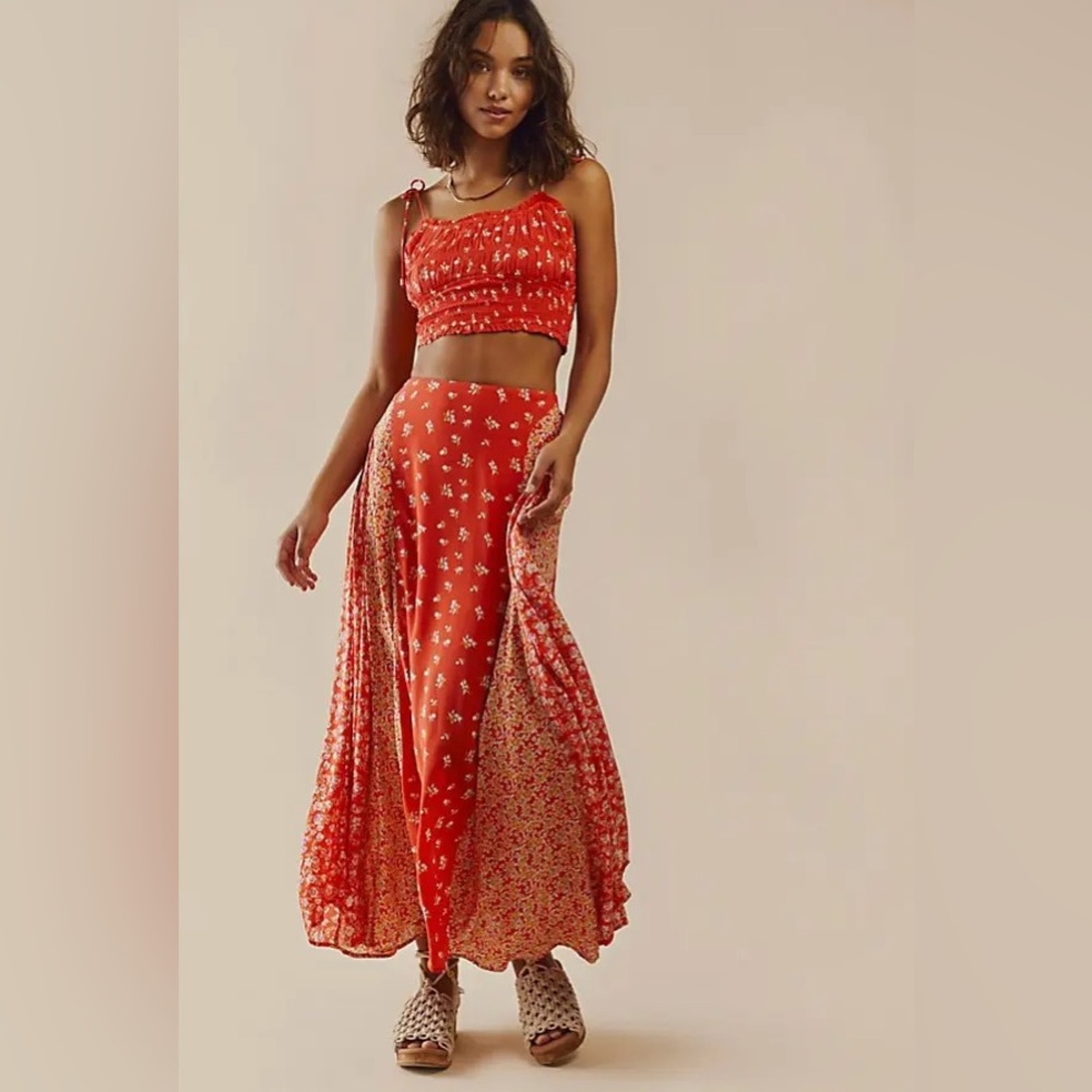 Free People Kaia Set- Maxi Skirt and Crop Top in Red Floral